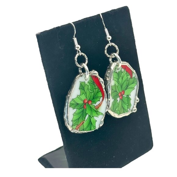 Artisan Holly Earrings Wicks N Sticks Broken China Bezels with 925 Silver Hooks - Picture 6 of 14